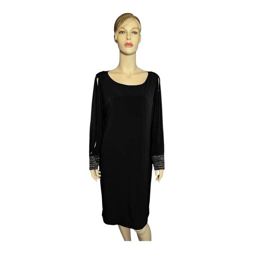 Calvin Klein Black Long Sleeve Sheath Dress with Embellishments, Size 14W (279)